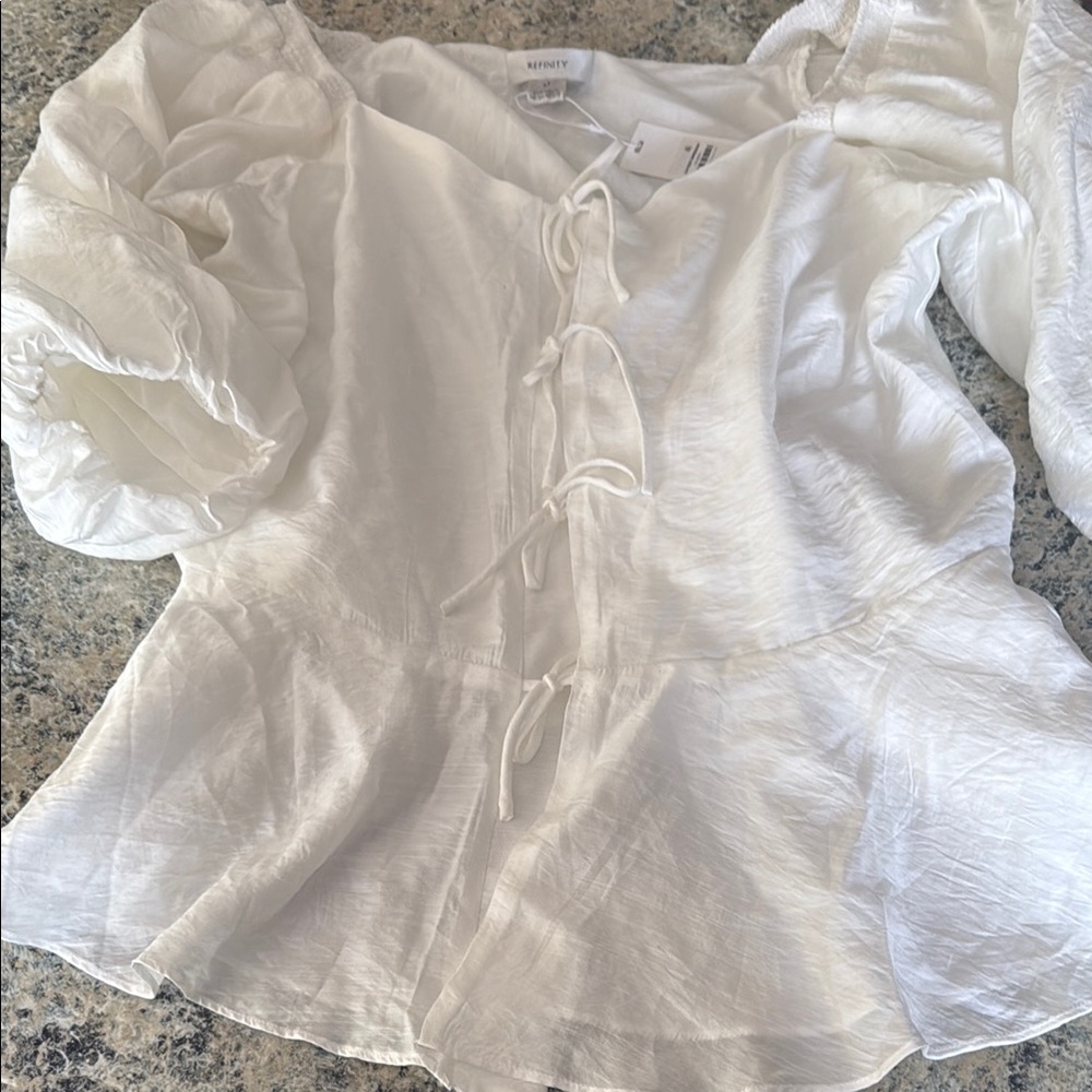 White Ruffled Tie Front Blouse with 3/4 Sleeves